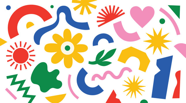 Colorful Bold Abstract Retro Shape and Floral Element Pattern Set with Flower Sun and Wave on White Background