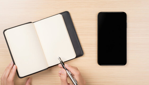 Top view of hands writing in a blank open notebook with a fountain pen next to a smartphone on a light wooden desk, minimalist office workspace flat lay for planning and journaling.