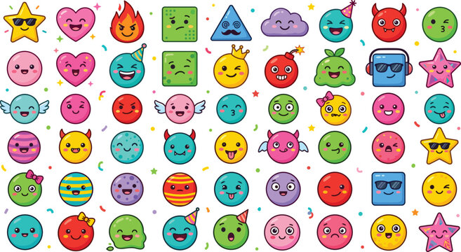 Cute Colorful Kawaii Emoji Face Character Sticker Set with Funny Expressions and Shapes on White Background
