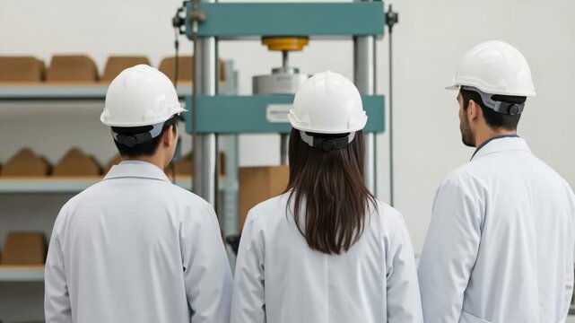 Diverse engineers in lab coats and hard hats conducting material strength testing in industrial lab