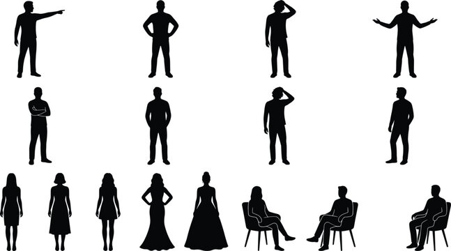People silhouettes collection with standing posing sitting and expressive gestures men and women lifestyle figures