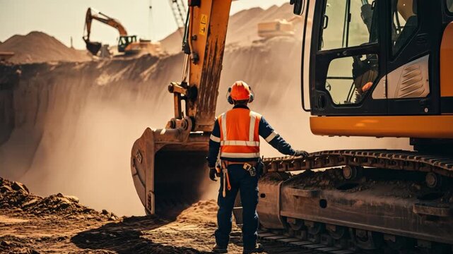 Male safety supervisor inspecting heavy excavator at an open pit mining site during a dusty day