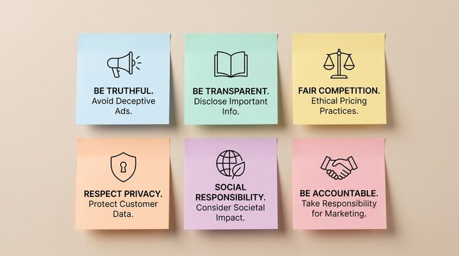 Business ethics and corporate social responsibility concept, colorful sticky notes with marketing principles, ethical conduct and accountability icons