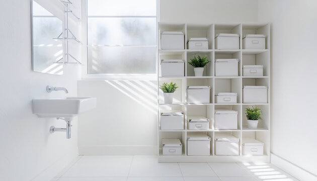 Modern minimalist storage unit with white organizational boxes and green plants in a bright airy bathroom featuring a wall-mounted sink and natural morning sunlight from a window.