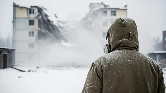 Post Apocalyptic Survivor in Gas Mask Watching Building Collapse in Winter