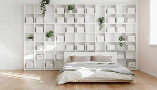 Modern Minimalist Bedroom Featuring a Large White Grid Shelving Unit with Storage Boxes and Green Plants, Bright Airy Contemporary Home Interior with Natural Sunlight on Wooden Floor