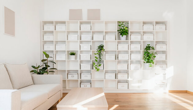 Minimalist white shelving unit with organized storage boxes and green indoor plants in a bright, sunlit modern living room interior, promoting a clean and peaceful home office environment.
