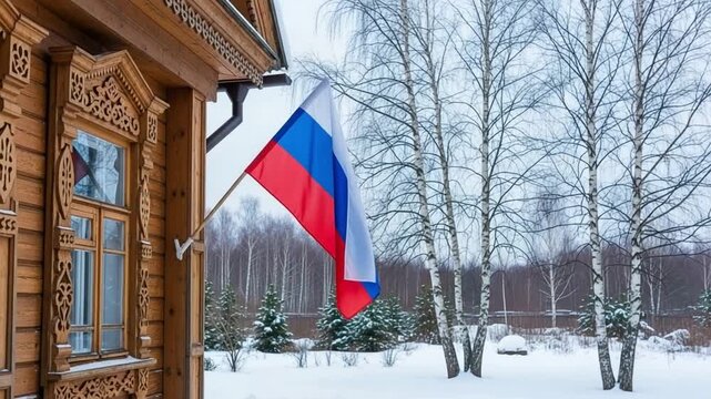 Russian flag hanging on traditional wooden izba house in snowy winter landscape with birch trees