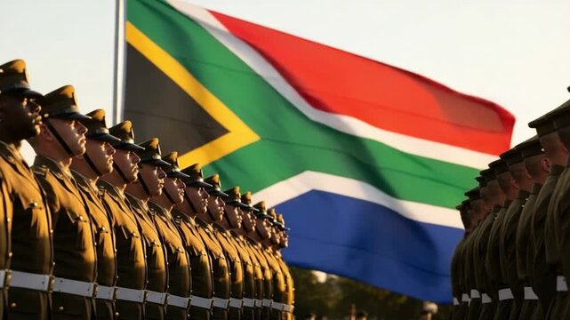 South African soldiers in uniform standing in formation before national flag at sunset