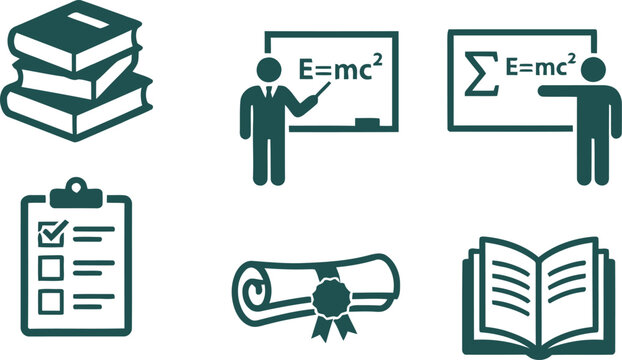 Education icons: set of books, teaching, diploma, and learning materials silhouette