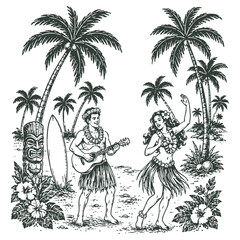 Vintage Hawaiian Luau Party and Tiki Beach Culture Vector Illustration © purify
