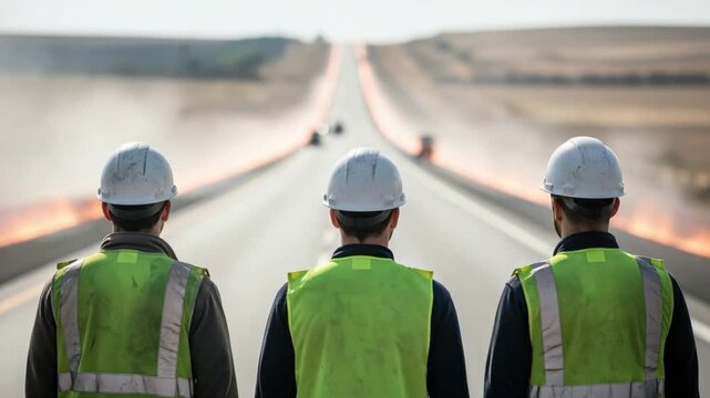 Three male highway maintenance workers in safety vests and hard hats inspecting a long road under construction