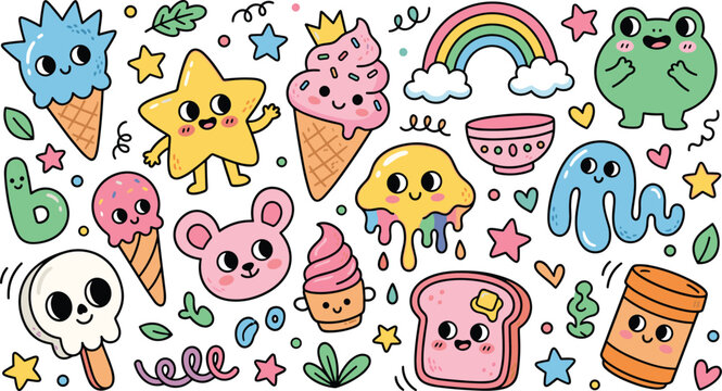 Cute Kawaii Pastel Doodle Sticker Set with Ice Cream Star Frog Rainbow Toast and Funny Characters Vector Illustration