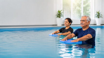 Fototapeta premium Aquatic therapy for cardiac patient. Senior couple water exercise swimming pool aqua aerobics fitness therapy