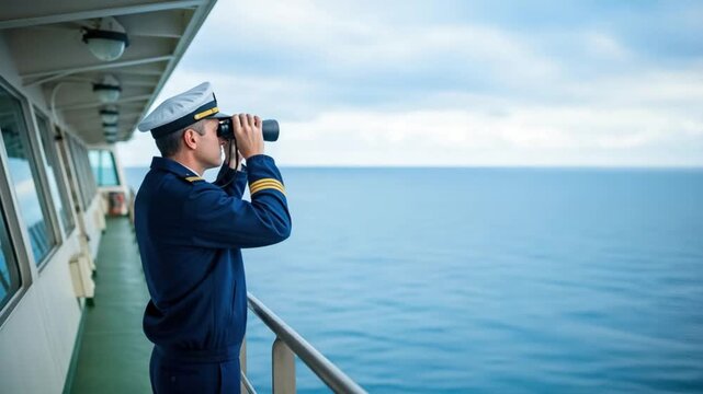 Professional male ship officer in uniform using binoculars for maritime surveillance and coastal security