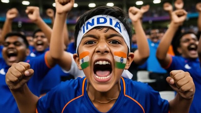 Passionate young Indian boy cheering enthusiastically as a sports fan with face paint and headband in a stadium crowd