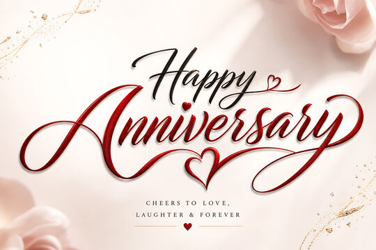 A romantic celebration with happy anniversary wishes surrounded by roses and hearts on a decorative card.