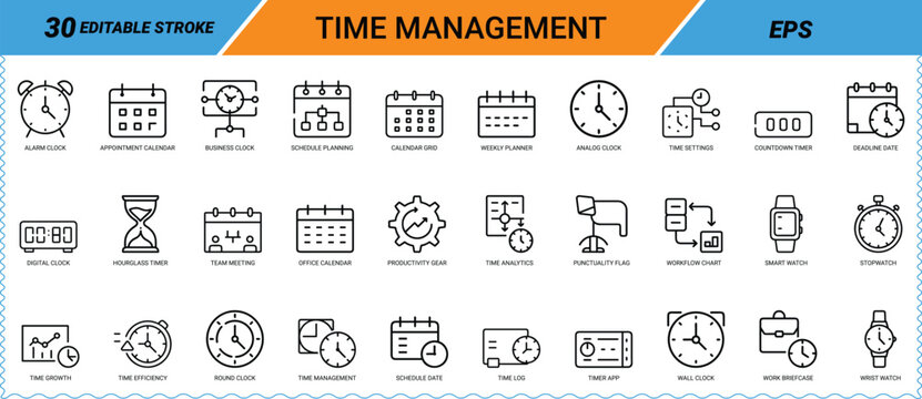 Time Management line art icon set. Alarm clock calendar schedule planning deadline stopwatch hourglass timer smart watch productivity workflow chart time analytics. Vector EPS.