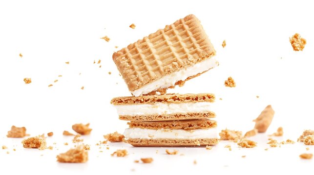 A stack of broken ice cream sandwich cookies with crumbs flying around