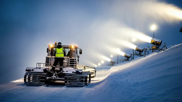 Professional snow groomer and snowmaking machines preparing mountain ski trails at night