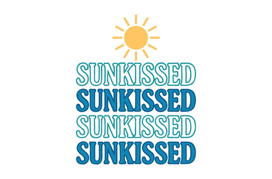Bright graphic design featuring the word sunkissed repeated four times
