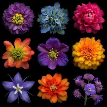 Floral 5x5 square grid collage featuring macro photos of various colorful wildflowers from a top down view. Beautiful botanical collection for spring concepts.