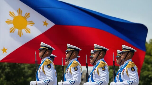 Group of Filipino Soldiers in White Dress Uniforms Marching in Formation with National Flag Background
