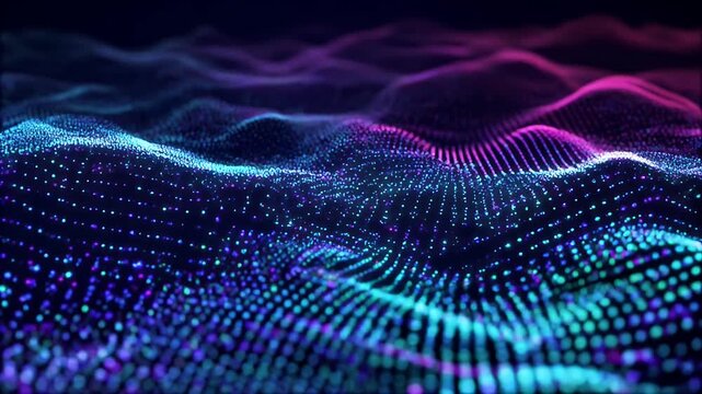 A vibrant abstract digital landscape with glowing blue, cyan, and purple particles forming undulating waves, representing data or sound visualization.