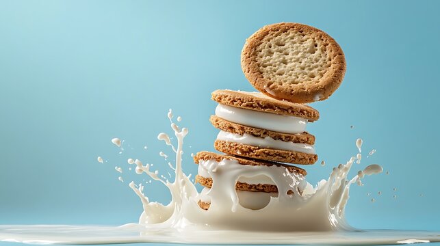A stack of cookies with white icing and milk splashing around on blue background