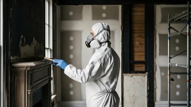 Professional Male Specialist in Hazmat Suit Performing Mold Remediation and Fire Damage Restoration