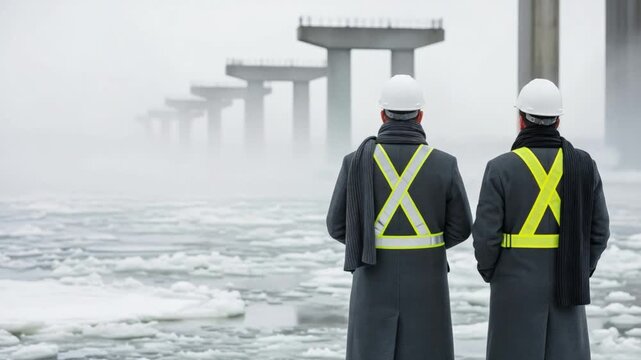 Male civil engineers in safety gear inspecting bridge construction in frozen arctic waters during winter fog