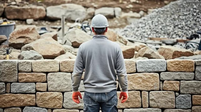Professional Stonemason Building a Dry Stone Retaining Wall in a Garden