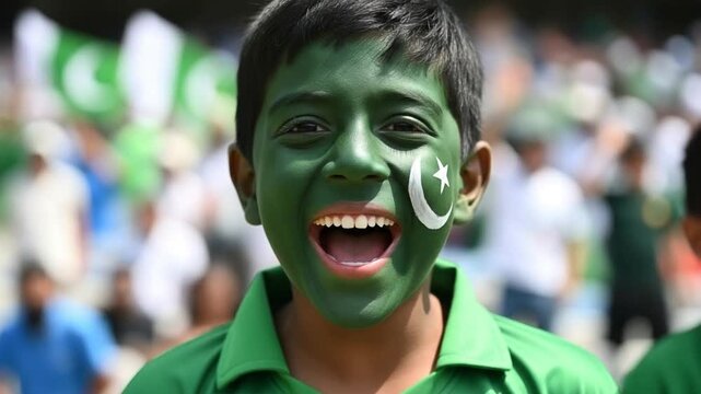 Young boy with painted face cheering for national sports team with green and white crescent moon symbol