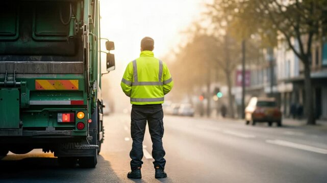 Male sanitation worker in high visibility jacket standing by garbage truck on city street at dawn