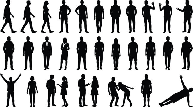 People silhouettes mega set with standing walking talking and dynamic lifestyle pose variations