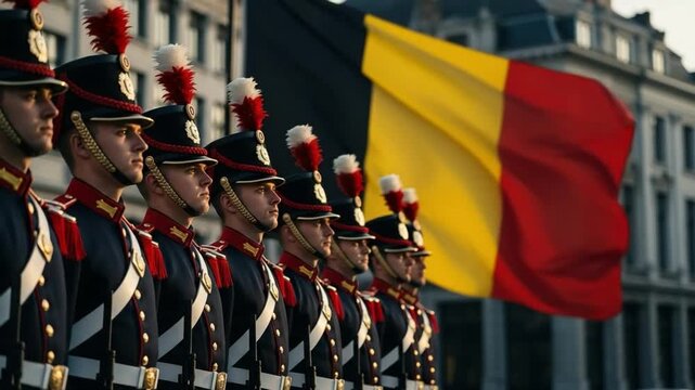 Line of Young Male Soldiers in Ceremonial Uniforms Standing at Attention Before a National Flag