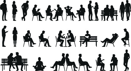 Obraz premium People silhouettes set isolated collection of men and women sitting standing talking and social interaction poses
