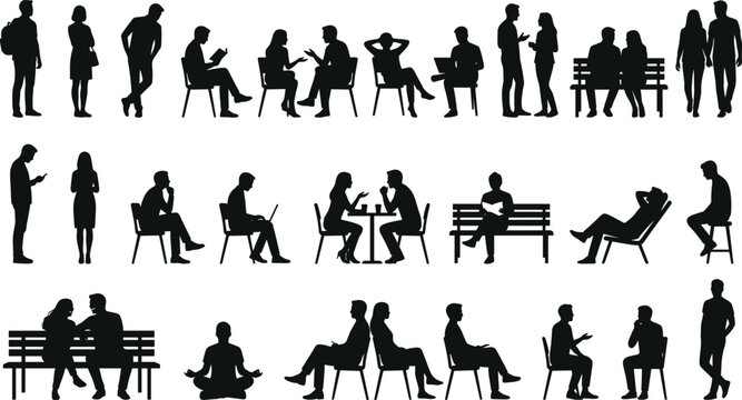 People silhouettes set isolated collection of men and women sitting standing talking and social interaction poses