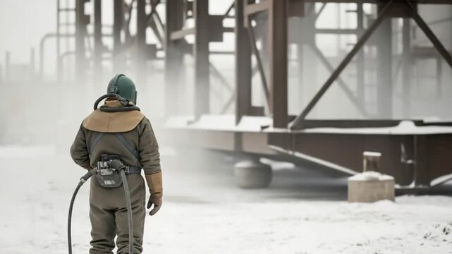 Industrial Sandblaster in Protective Suit Working on Metal Structure in Winter