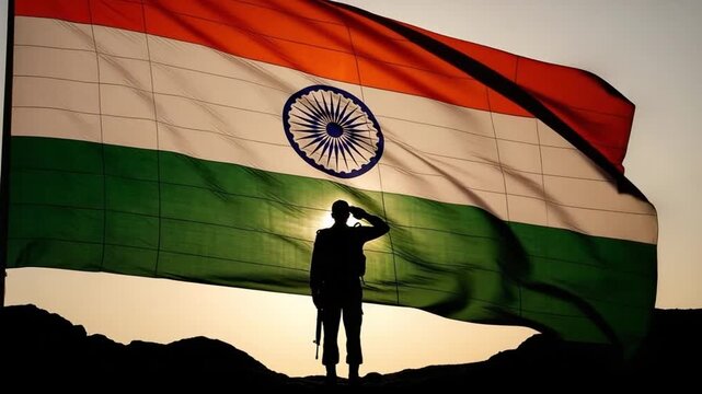 Silhouette of an Indian soldier saluting in front of a large national flag at sunset for patriotic concept