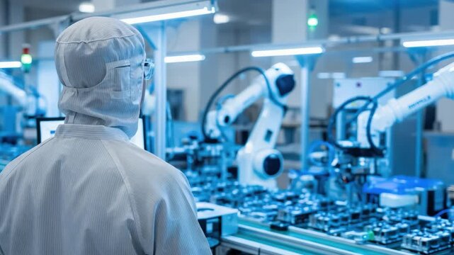 Male Engineer in Cleanroom Suit Monitoring Robotic Arms in Semiconductor Microchip Fabrication Plant