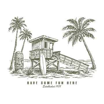 Vintage Lifeguard Tower on Tropical Beach with Tiki Mask and Surfboard Illustration
