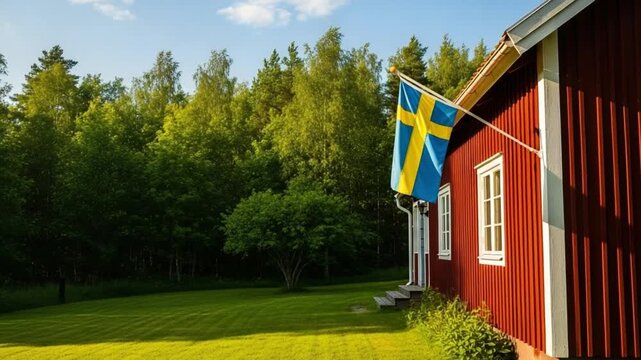 Traditional Swedish Red Wooden Cottage with National Flag in a Lush Forest Garden Setting