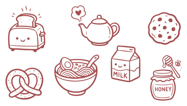 Collection of Cute Red Outline Food and Drink Illustrations with Kawaii Faces