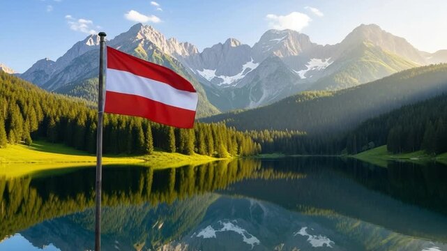 Austrian flag waving over a scenic alpine lake with dramatic mountain peaks and pine forest landscape