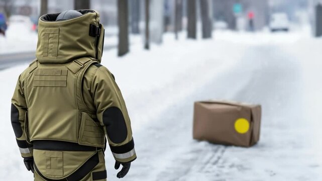 Bomb Disposal Technician in Protective Suit Approaching Suspicious Package in Winter