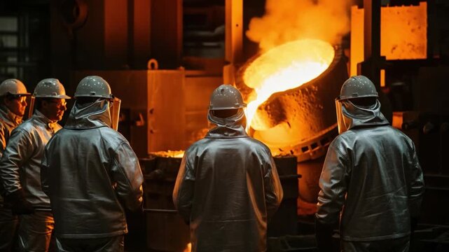 Steel Mill Workers in Heat Resistant Suits Pouring Molten Metal in Foundry