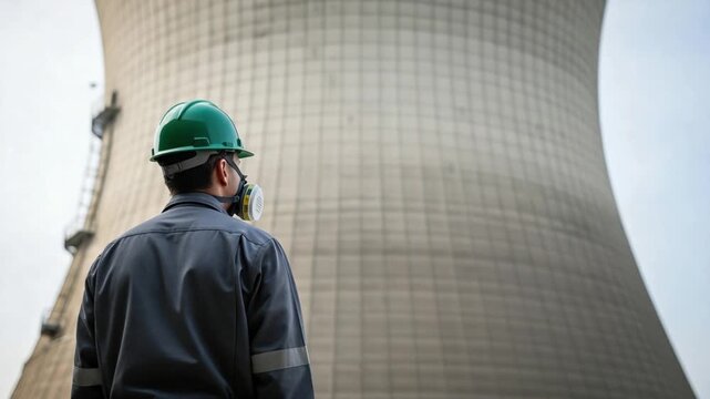 Male nuclear engineer in green hard hat and respirator inspecting cooling tower at power plant