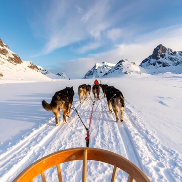 A team of sled dogs pulling a sled through snowy mountain landscape