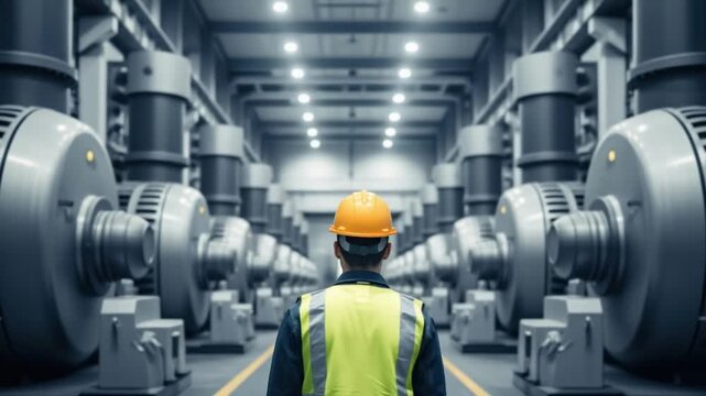 Male Industrial Engineer Inspecting Large Scale Hydroelectric Power Plant Turbines